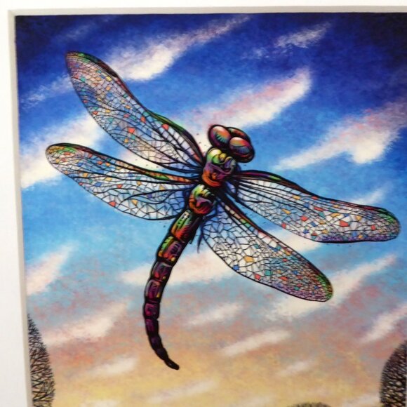 “CATHEDRAL” DRAGONFLY STAINED GLASS WINGS FRAMED SIGNED ART PRINT CHET PHILLIPS - Picture 3 of 9
